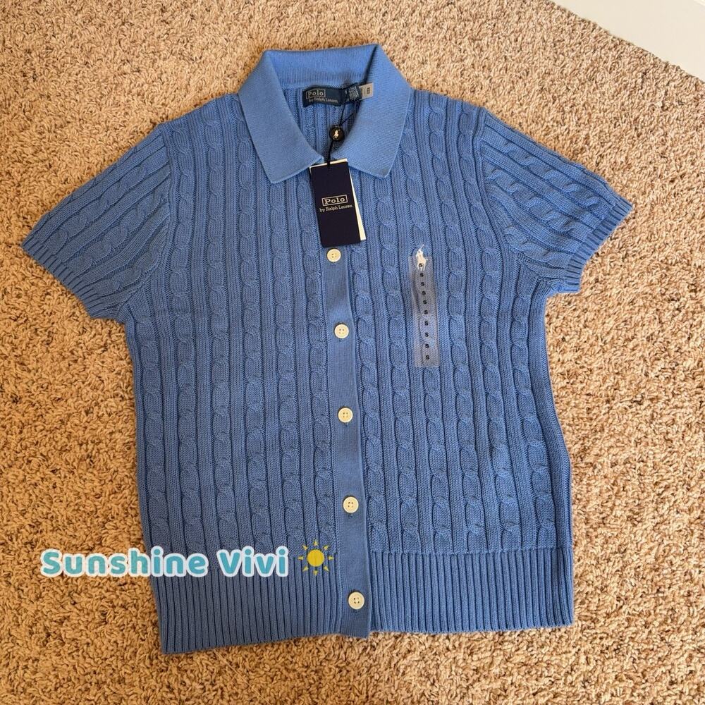 NEW Polo Ralph Lauren Women Cable-Knit Cotton Polo-Collar Cardigan blue Small